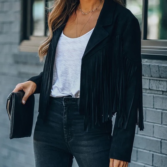 Black Suede Cropped Fringe Jacket - Picture 2 of 3